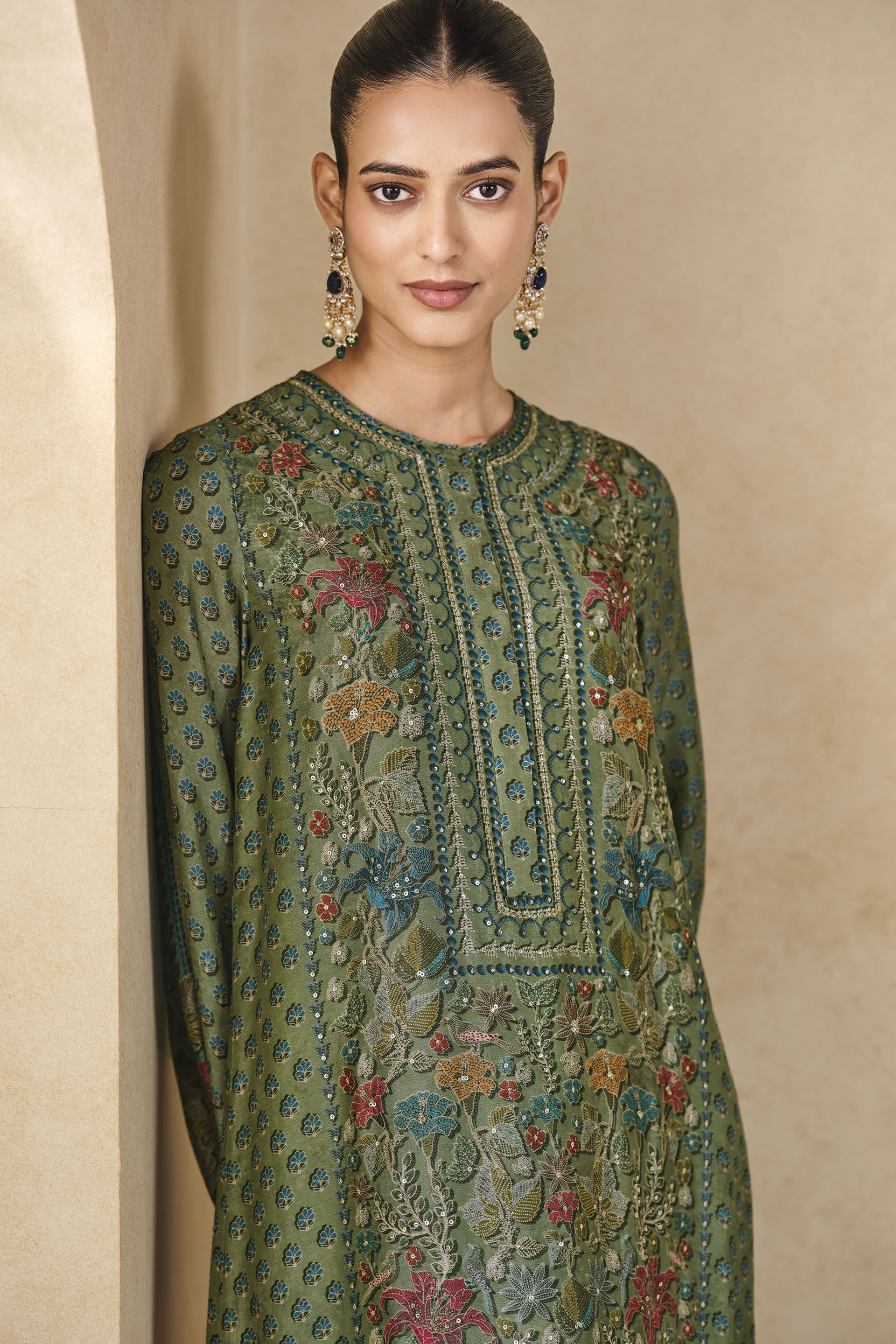 Eman Printed Silk Kaftan - Sage, Sage, image 4